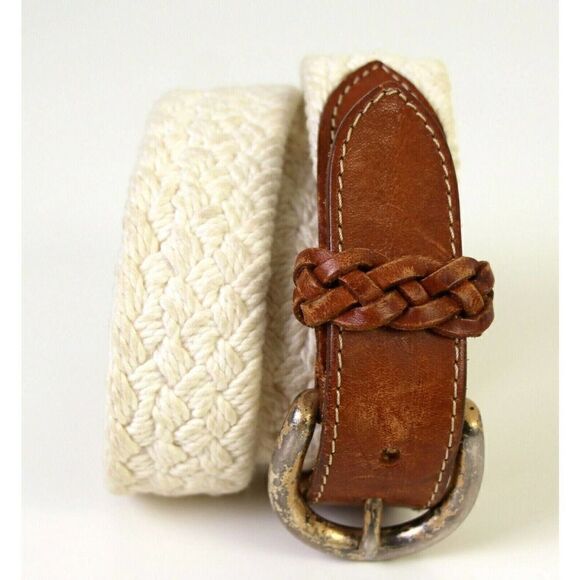 Eddie Bauer BROWN REAL LEATHER 1 1/8"Wd WOVEN WHITE CORD WOMEN'S BELT S/M (A47 - Picture 1 of 9